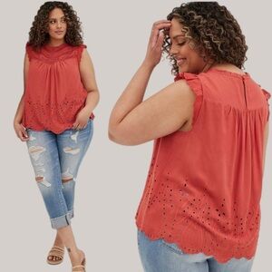 Torrid Eyelet Pintuck Detail Top Plus SZ 5X Burnt Orange Feminine Boho Festival
